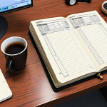 The Logistics Journalist's Desk**

`ロジスティクス情報管理士のデスク風景、日誌 (業務日誌) を書いている、具体的なデータと改善提案が書き込まれている、整理された書類とPC、効率的な作業スペース、和風テイストを取り入れる`

**(Translation:** Logistics information manager's desk scene, writing in a journal (work journal), with concrete data and improvement proposals written down, organized documents and PC, efficient workspace, incorporating a Japanese-style taste.)

**
