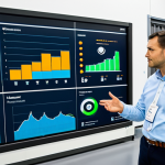 A diverse group of professional logistics experts, fully clothed in modern business attire, observing large, interactive data dashboards in a brightly lit, high-tech control center. Advanced automated guided vehicles (AGVs) are visible moving efficiently in the background of a smart warehouse. The scene emphasizes data-driven decision-making and technological integration. The atmosphere is innovative and efficient. Perfect anatomy, correct proportions, natural pose, well-formed hands, proper finger count, professional photography, high quality, safe for work, appropriate content, fully clothed, professional.