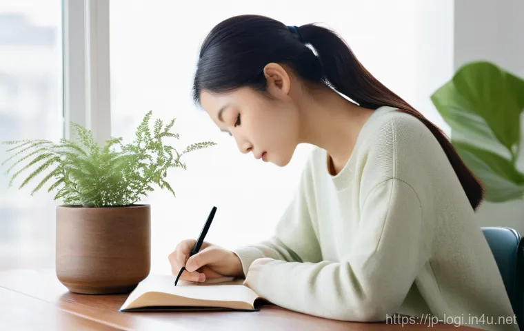 물류정보관리사 시험 대비 멘탈 관리 방법 - Image Prompt 1: Mindful Reflection and Anxiety Release** 물류정보관리사 시험 대비 멘탈 관리 방법 - Image Prompt 1: Mindful Reflection and Anxiety Release**