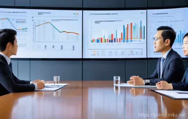 물류정보관리사 필기 시험 합격 꿀팁 - **Panel 1 (Left):** A male Japanese professional in his late 30s, dressed in a sharp business suit, ...