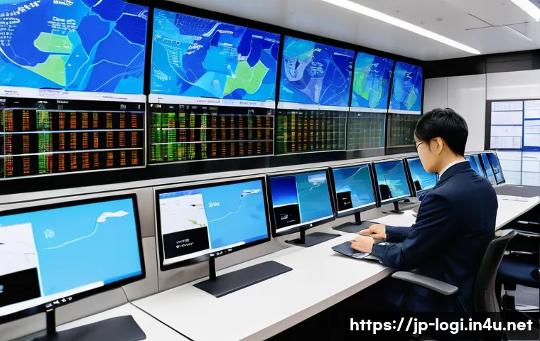 물류정보관리사와 해상 물류 관리 - A modern logistics control room bustling with activity, featuring large digital screens displaying r...