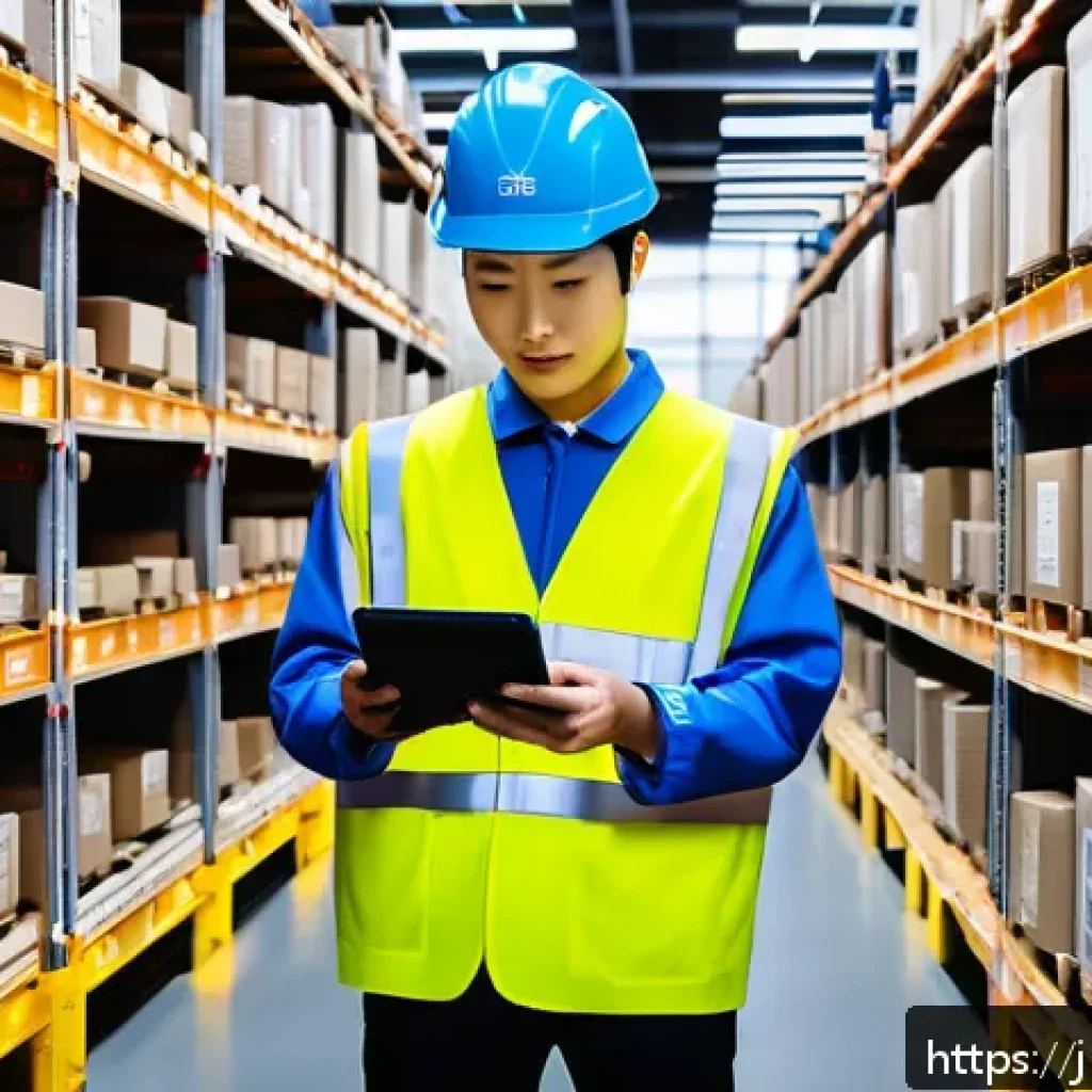 물류정보관리사와 관련된 협회 및 기관 - A modern Japanese logistics warehouse interior scene showing diverse staff members using mobile tabl...