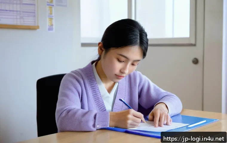 물류정보관리사 시험일에 반드시 가져가야 할 물품 - A calm and focused Japanese student sitting at a clean desk inside a quiet exam room, wearing a ligh...