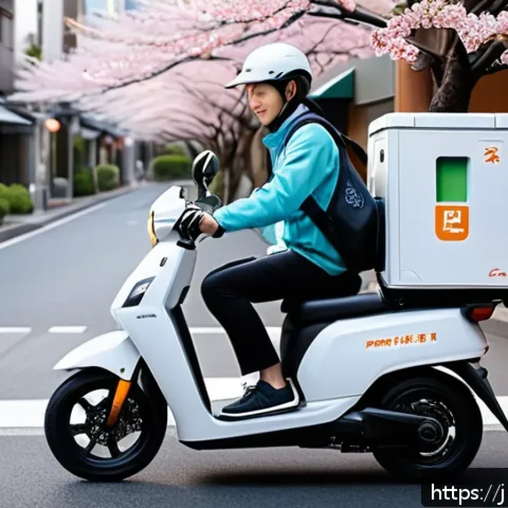 물류정보관리사와 라스트 마일 배송의 이해 - A bustling urban street scene in Japan featuring eco-friendly last-mile delivery: a delivery worker ...