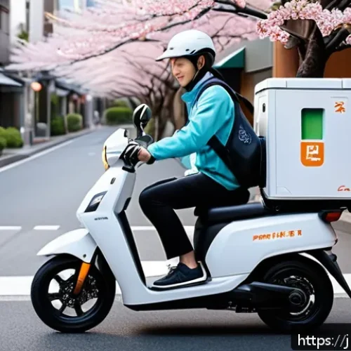 물류정보관리사와 라스트 마일 배송의 이해 - A bustling urban street scene in Japan featuring eco-friendly last-mile delivery: a delivery worker ...