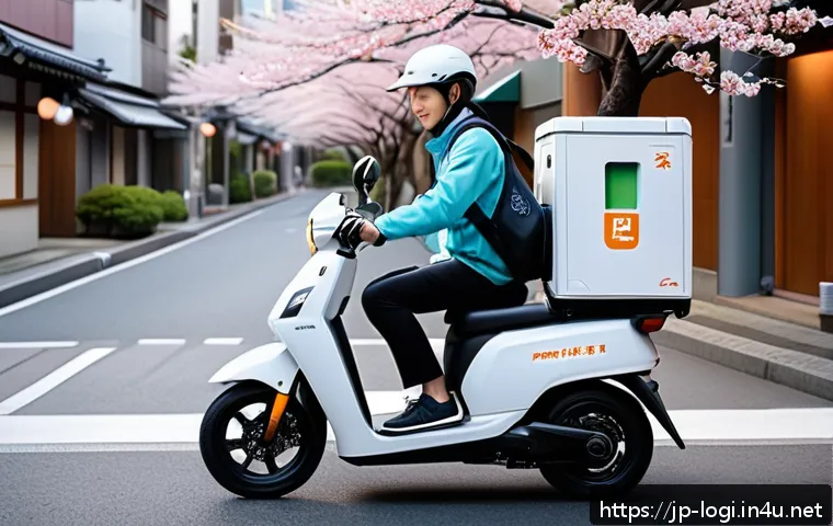 물류정보관리사와 라스트 마일 배송의 이해 - A bustling urban street scene in Japan featuring eco-friendly last-mile delivery: a delivery worker ...