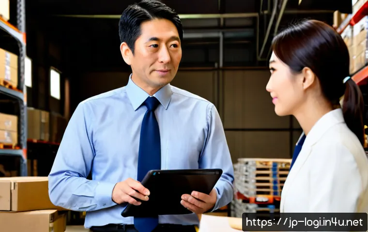 물류정보관리사로 성공한 사람들의 인터뷰 - Photorealistic editorial interview scene in a modern Japanese logistics operations office, confident...