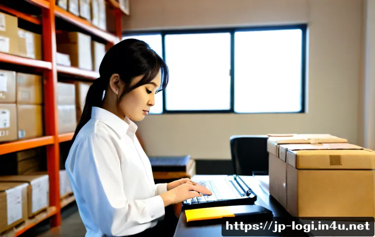 물류정보관리사 실무 필수 문서 작성법 - Photorealistic logistics office scene, Japanese warehouse operations specialist carefully organizing...