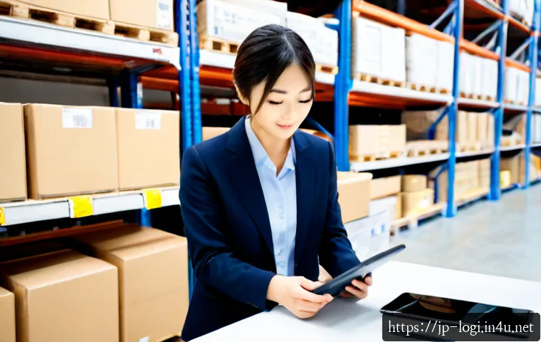 물류정보관리사와 물류창고 관리 전략 - Photorealistic Japanese logistics information manager reviewing warehouse inventory on a tablet besi...